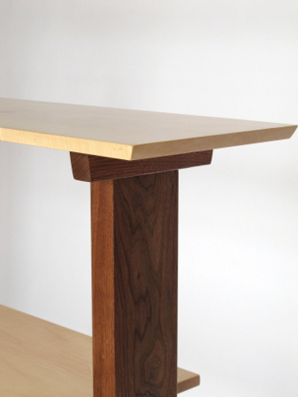 Beautiful layering details and contrasting wood colors on our Continental Console Table pictured here in tiger maple and walnut