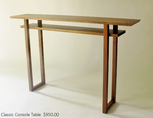 Classic Console Table: Narrow hall table, entry table or vanity table. Pictured in Tiger Maple and Cherry- Handmade Custom Wood Furniture by Mokuzai Furniture