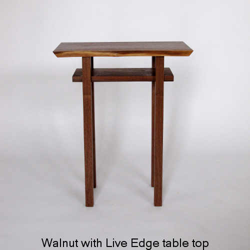 Our Classic Table is available in this small end table size with a live edge table top. Pictured here in walnut, this narrow table is perfect for small space decorating