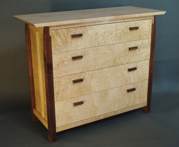 Modern wood dresser with four drawers, Tiger Maple and Walnut dresser for entry storage or bedroom furniture