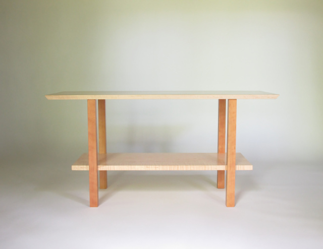 Contemporary handmade solid wood entryway bench with low shelf- pictured in Tiger Maple and Cherry. Beautiful custom entryway furniture by Mokuzai Furniture