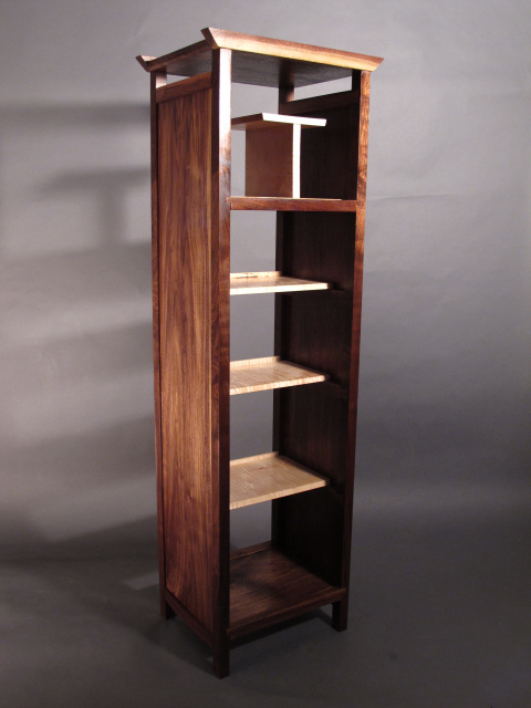 walnut tall narrow bookcase with open shelving for a media storage tower, linen closet, pantry cabinet
