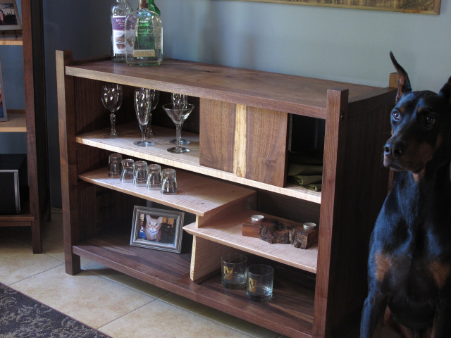 mid century modern sideboard bar cabinet in walnut and tiger maple, solid wood furniture, walnut bar with display shelving