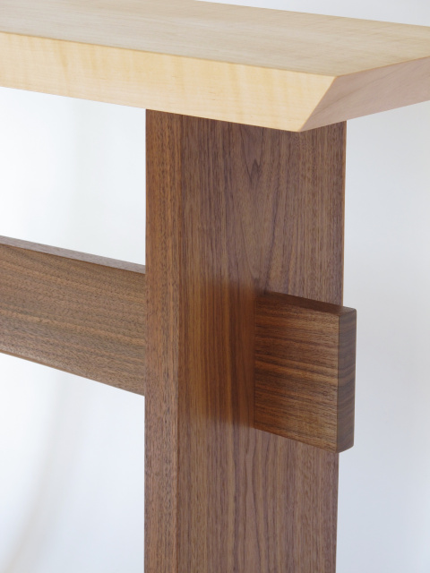 Our Statement Tables are available in two color combinations.  Pictured here is tiger maple and walnut for a small narrow side table, solid wood accent table or tall narrow end tables.