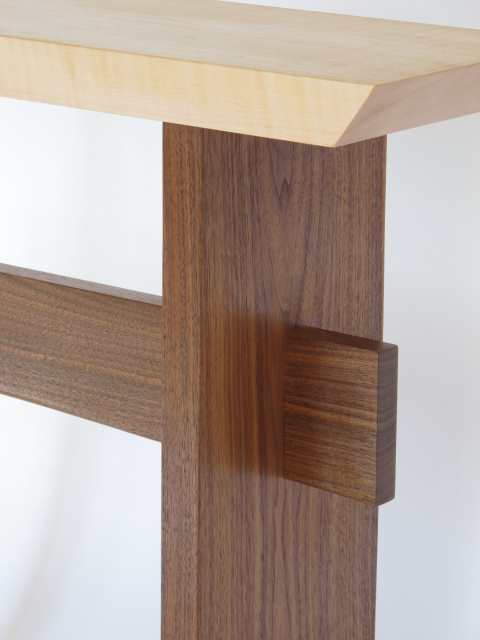 Our Statement Tables are available in two color combinations. Pictured here is tiger maple and walnut for a small narrow side table, solid wood accent table or tall narrow end tables.
