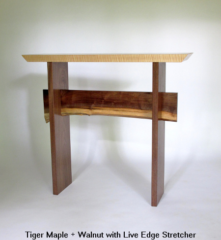 A narrow hall table with a live edte table stretcher- modern wood console table for narrow hall, entry table sofa table or artistic side table. Pictured here in Tiger Maple with Walnut
