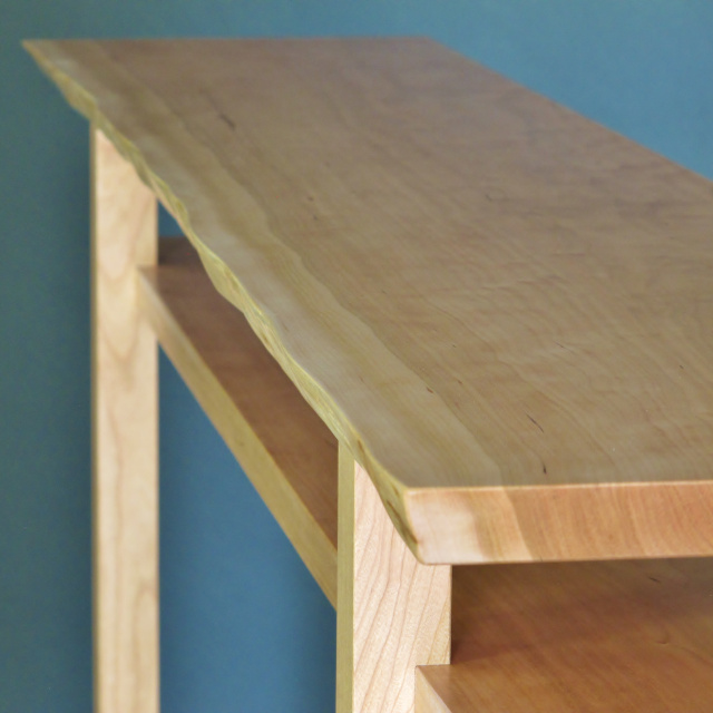 A narrow console table with live edge table top- created in solid Cherry this narrow wood table is perfect for your vanity table, narrow hall table or wood entry table/