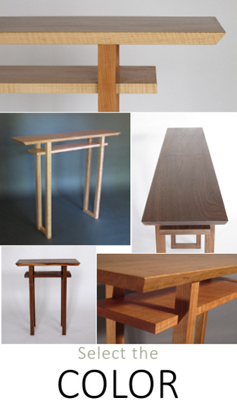 Our classic tables are vailable in a variety of wood colors.  Solid wood tables in walnut, cherry and tiger maple for your narrow console table, hall table , narrow end table or entry table.