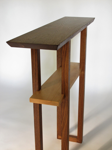 A narrow 8 inch table for an entry table or hall table- handmade from walnut and tiger maple