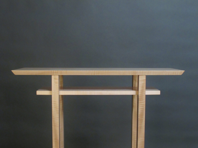 modern, narrow wood table with shelf for an elegant altar table, narrow console table or tall entry table.