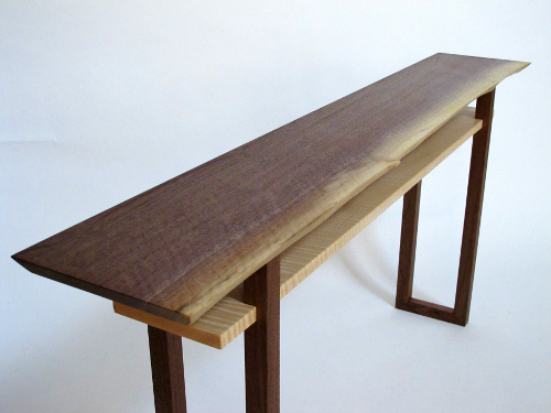 A narrow table with live edge walnut table top - custom console table for hallways or entryway or sofa table
