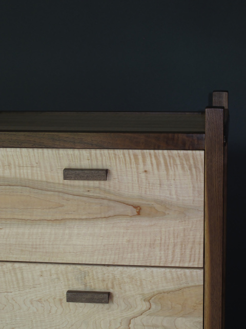 Narrow Wood Dresser in Tiger Maple and Walnut. A solid wood chest of drawers for your modern bedroom furniture, entry storage or tv console.