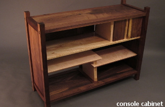 Our Console Cabinet pictured in walnut and tiger maple- a sideboard for the dining room or modern entertainment center. 