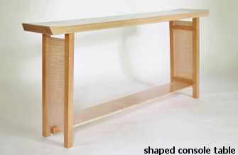 Our shaped console table is a long low narrow console table with abundant fine craftsmanship details.  A work of art for your hallway table, entry table or sofa console.  Would be beautiful at the end of the bed as well.  Handmade solid wood furniture