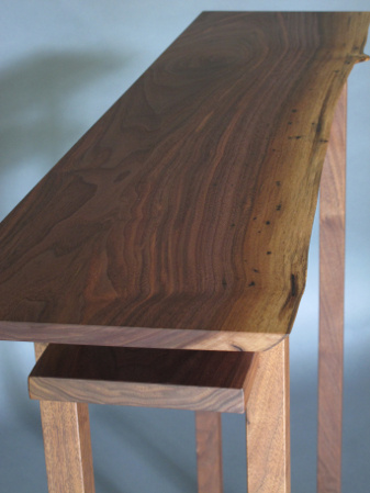 Top view of our live edge hall table - a narrow walnut table for the hallway or entryway furniture