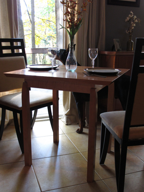 modern breakfast table or small wood dining table for two, in cherry and tiger maple, solid wood furniture for small spaces, small kitchen table