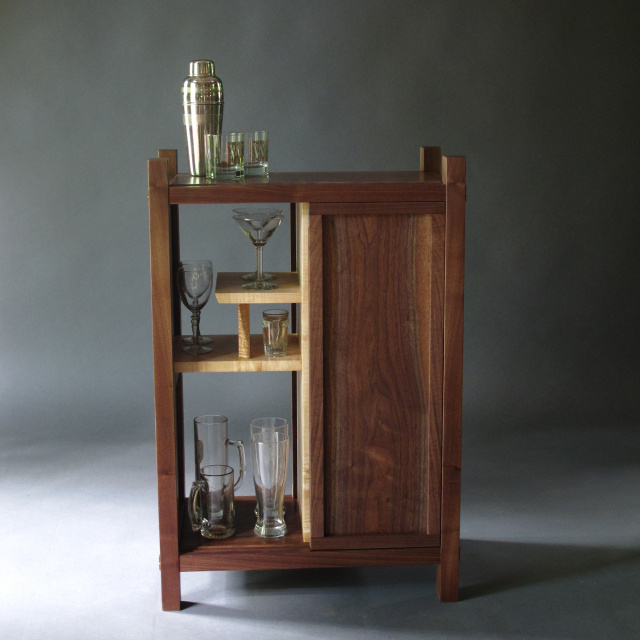 solid wood bar cabinet with door and unique shelving, bar furniture, bar storage, artistic wood furniture