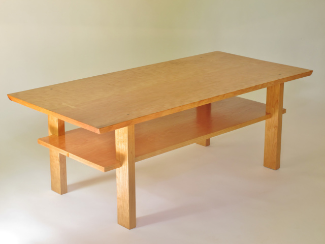 small coffee table with storage shelf, midcentury modern, handmade custom wood furniture pictured in walnut