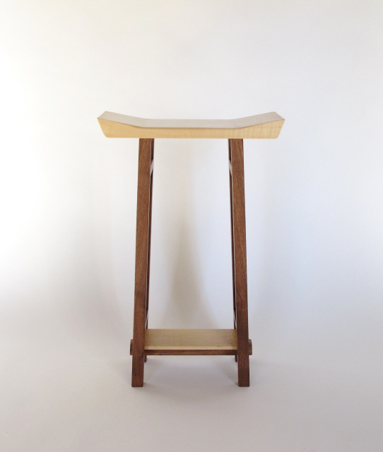 modern zen bar stool with shaped seat in walnut and tiger maple, artistic solid wood furniture