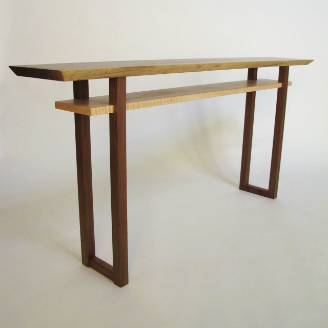 narrow sofa console table with live edge table top and contrasting inset shelf- pictured in live edge walnut and tiger maple this handmade wood table is a work of art for your home.