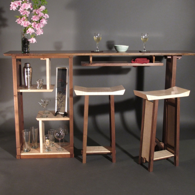 solid wood bar with bar cabinet, walnut bar, open bookcase/display shelves, modern minimalist bar furniture