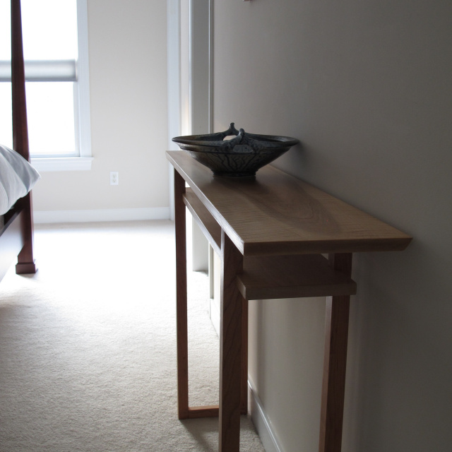 narrow and elegant wood vanity table with inset shelf- mid century modern wood furniture design by Mokuzai Furniture handmade in the USA