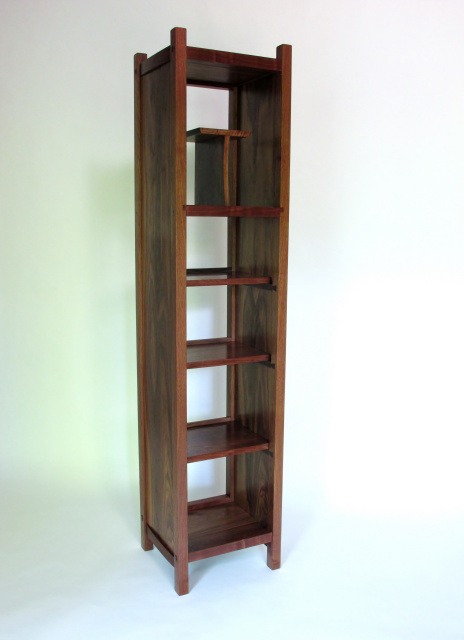 Tall Narrow bookcase, walnut furniture- entertainment tower and display case- mid century modern bookshelves