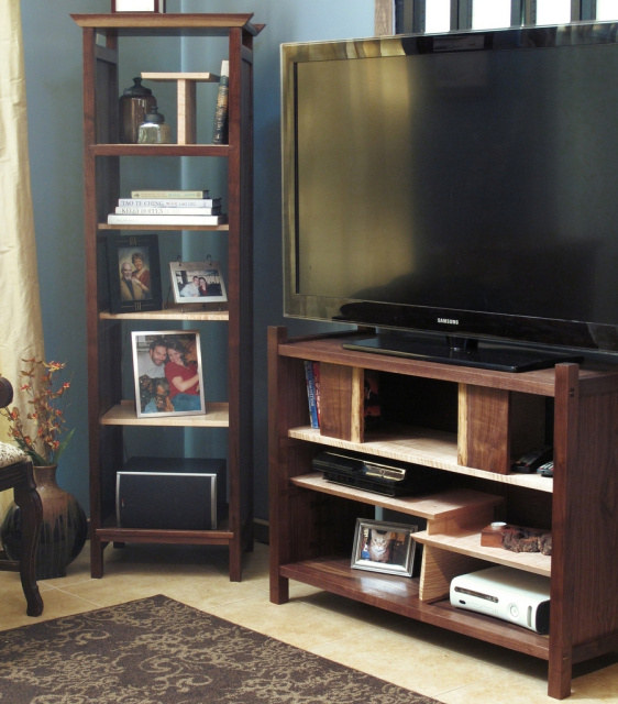 Modern Wood Furniture- for your narrow bookcases, display cabinets, tv consoles and entertainment centers- walnut cabinets pictured here with tiger maple accents