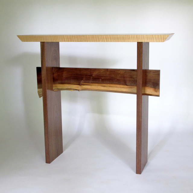 Live edge furniture: Mokuzai's Statement Hall Table with live edge stretcher for your narrow console table, wood entry table or artistic side table
